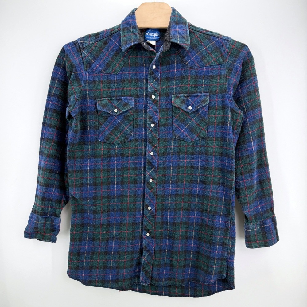 Wrangler Western Plaid Flannel Shirt LT Tall Cotton Blue Green Pearl Snap Vtg